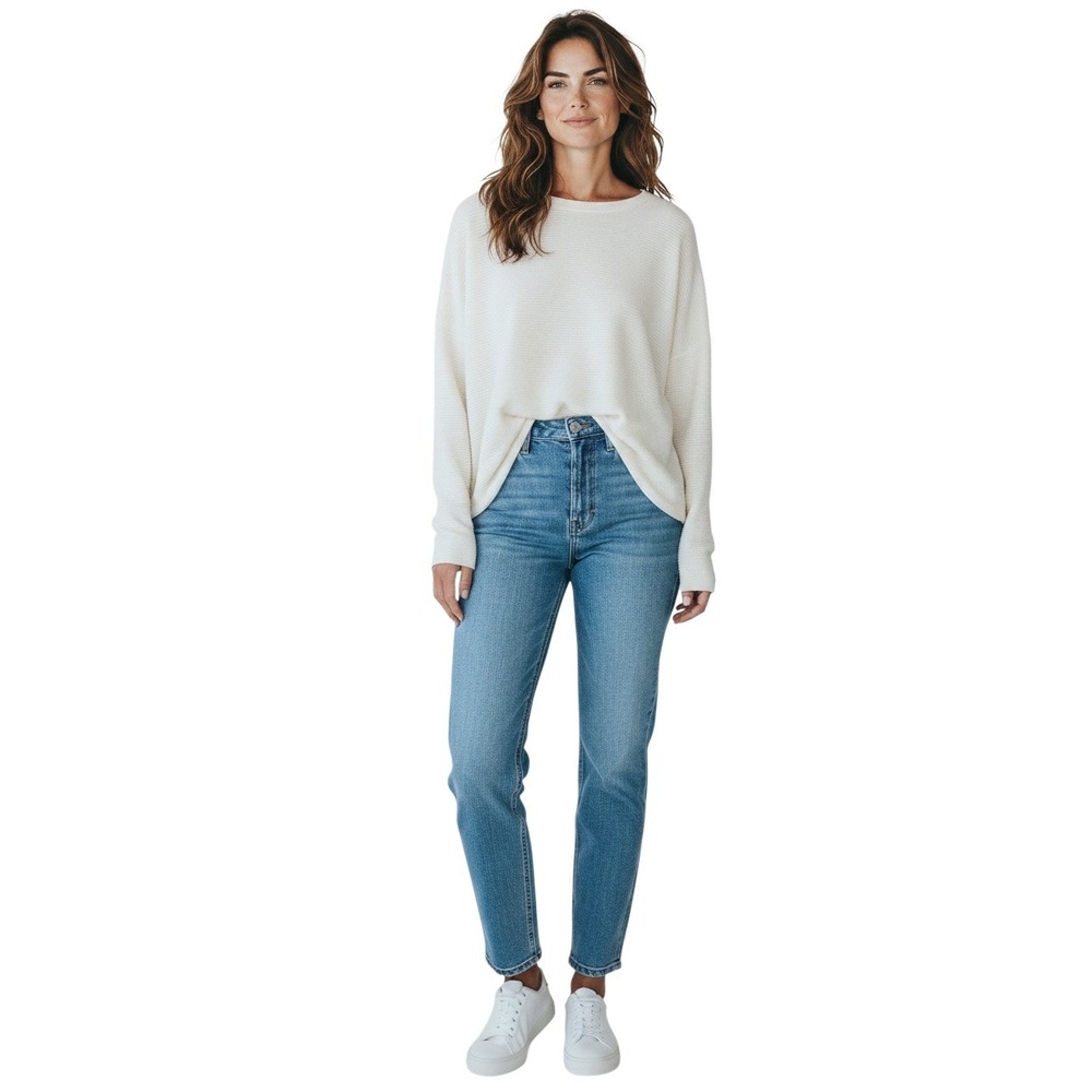 Eileen Fisher Cream Ribbed Boat Neck Boxy Knit Sweater L